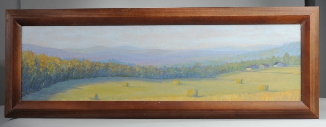 Meg West (fl. 21st C.) Oil on Board "The Meadow": Central Virginia landscape by Meg West, unsigned, titled on card to verso, framed. In need of cleaning. Visible image: approx. 28" x 7 1/2". Frame: approx. 31 5/8" x 11 1/4". Seamless shipping is avai