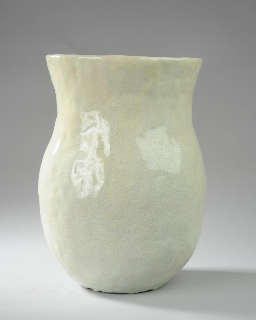 Studio Pottery Vase: Unsigned, all over crazing, multiple kiln spur marks to underside, mid to late 20th century. H: approx. 9 3/4". Seamless shipping is available through LiveAuctioneers at checkout, but you are welcome 
