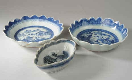 3 Antique Chinese Blue & White Canton Dishes