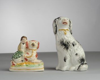 Two Diminutive Staffordshire Style Spaniel Figures
