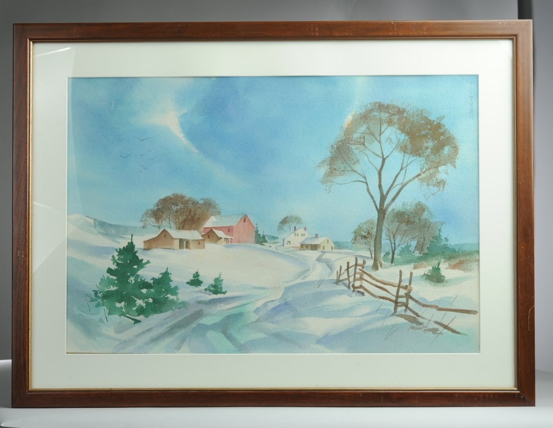Watercolor on Paper Signed Dula, Winter Landscape: Signed upper right, matted and framed. Visible image: approx. 21 1/2" x 14 1/4". Frame: approx. 27" x 20". Seamless shipping is available through LiveAuctioneers at checkout, but you are welcome to ar
