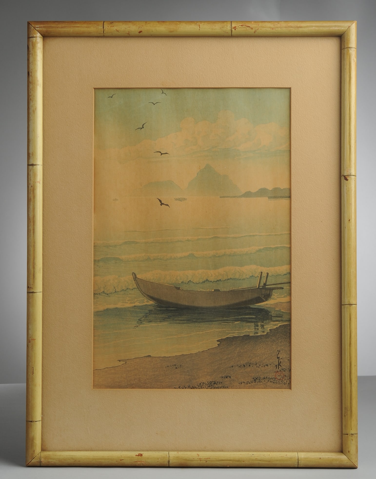 Kawase Hasui (1883-1957) Japanese Woodblock Print: 1934 woodblock print by Kawase Hasui entitled "Kamo River at Twilight", published by Watanabe Shozuburo. Signed in the print and with red seal. Inscriptions glued to back of frame were apparently cut