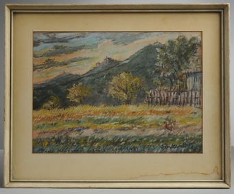Framed 1950 Pastel Landscape Drawing Signed