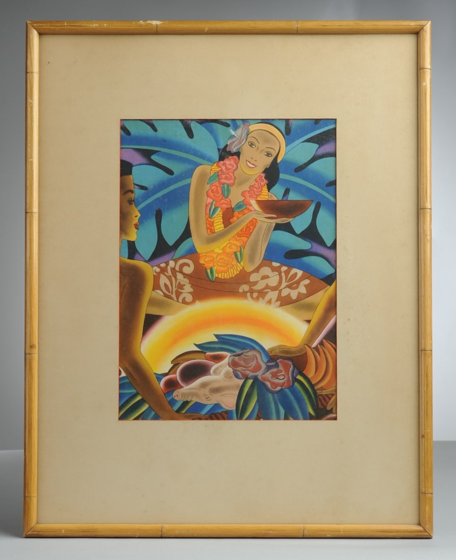1930s Frank Macintosh Print, Matson Cruise Line: Vibrant print by Frank Macintosh (1901-1985) for the Matson Line cruise ships, promoting travel to Hawaii in the 1930s. This piece, entitled "The Luau-Hawaiian Feast", probably the front of a Matson L