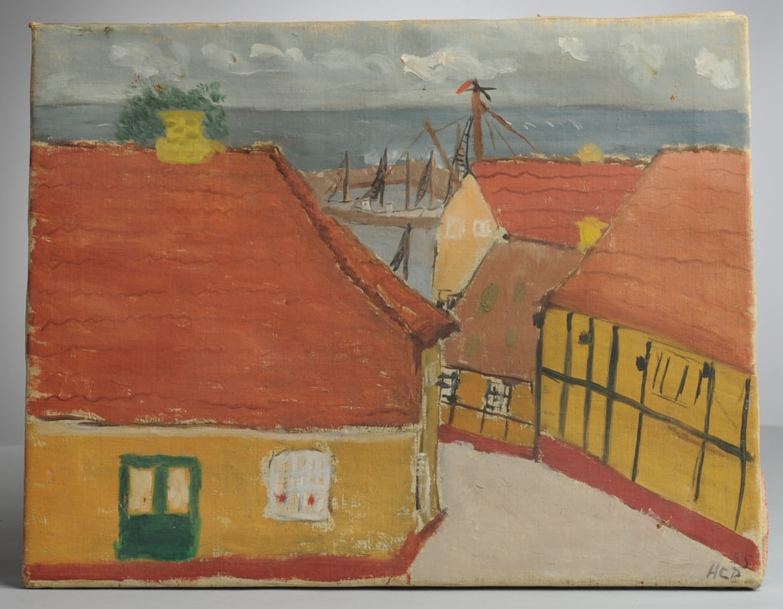 1955 Folk Art Painting: Oil on linen painting showing a view of the sea through the streets of a village, the saffron colored half-timber buildings suggesting Bornholm, Denmark, with ships masts visible in the distance. Sign