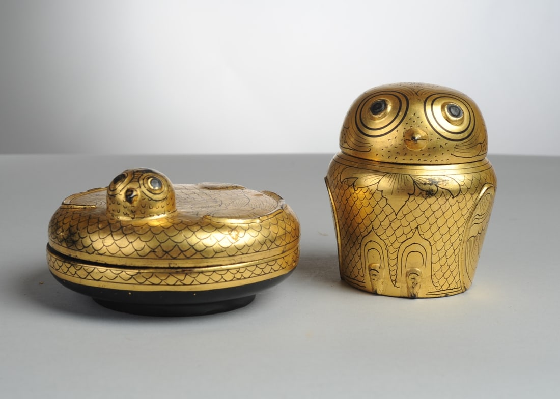 Two Burmese Gilt Lacquer Boxes, Owl & Bird (1 of 6)