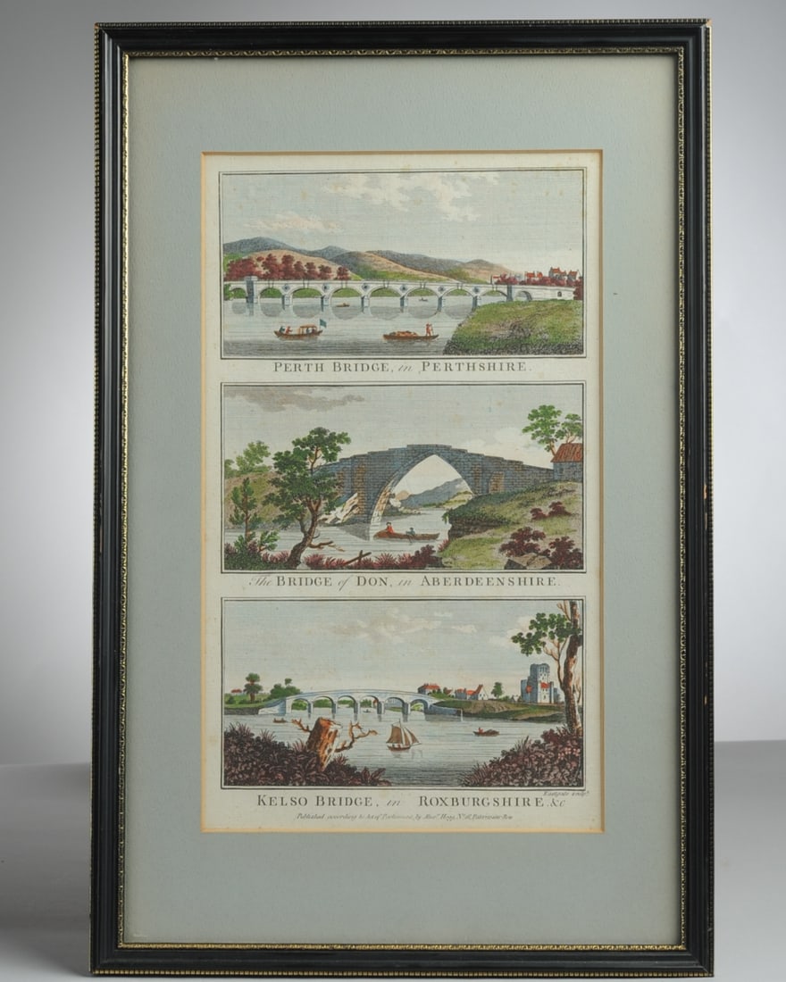Antique Color Engraving of Scottish Bridges: Featuring three views of historic bridges in Scotland: Perth Bridge in Perthshire, The Bridge of Don in Aberdeenshire, and Kelso Bridge in Roxburghshire. Published by Alexander Hogg, an active London