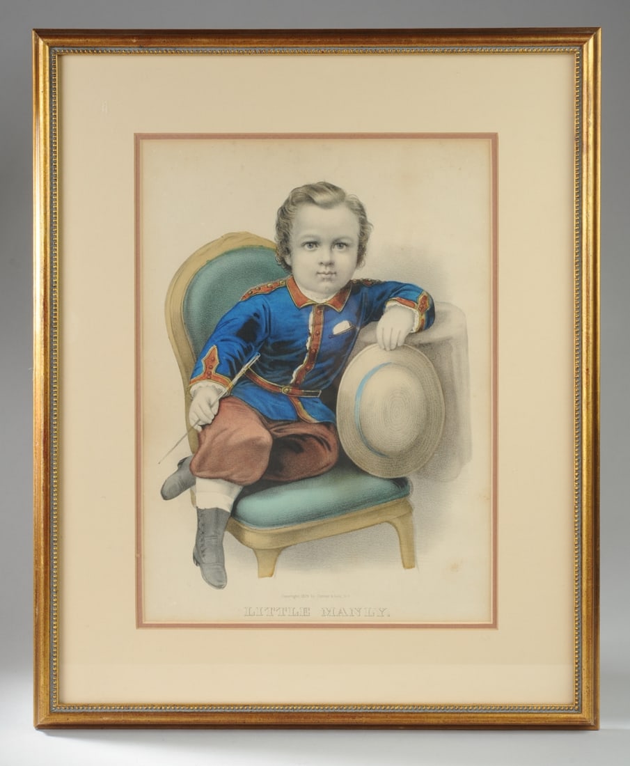 19th C. Currier & Ives Lithograph "Little Manly": Hand colored, matted and framed. Visible image: approx. 13 5/8" x 9 3/4". Frame: approx. 20" x 16". Seamless shipping is available through LiveAuctioneers at checkout, but you are welcome to arrange y