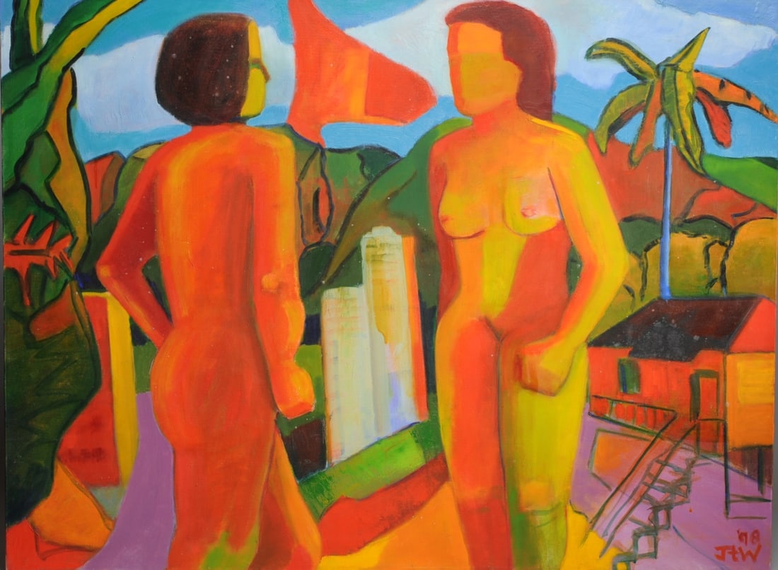 Jan Carl ter Weele (1935 - 2022) Oil on Canvas: Oil on canvas scene with two female nudes by Jan Carl ter Weele (1935 - 2022), signed lower right and dated (19)98, unframed. Approx. 40" x 30". Jan Carl ter Weele was born in the Netherlands and immi