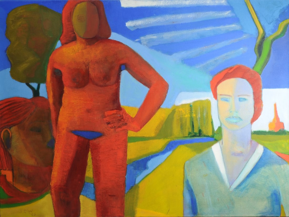 Jan Carl ter Weele (1935 - 2022) Oil on Canvas: Abstract scene with nude oil on canvas by Jan Carl ter Weele (1935 - 2022), signed lower left and dated (19)98, unframed. Approx. 40" x 29 3/4". Jan Carl ter Weele was born in the Netherlands and immi