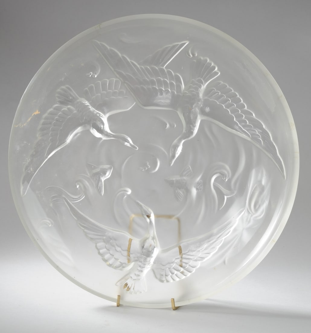 Verlys Charger with Cranes and Koi: Verlys glass charger with three cranes circling above koi in swirling water. Signed in center. Approx. 13 1/2" D. Seamless shipping is available through LiveAuctioneers at checkout, but you are welcom
