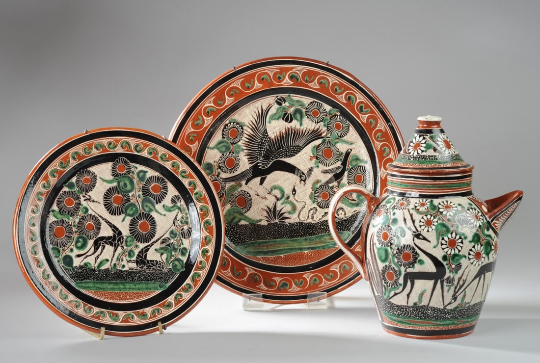 Jose Bernabe Petatillo Pottery, Tonala: Three pieces of vintage Tonala pottery, all signed by Jose Bernabe, all employing petatillo cross-hatching, flowers, and whimsical animals including squirrels, snakes, giraffes, deer and birds. Three 