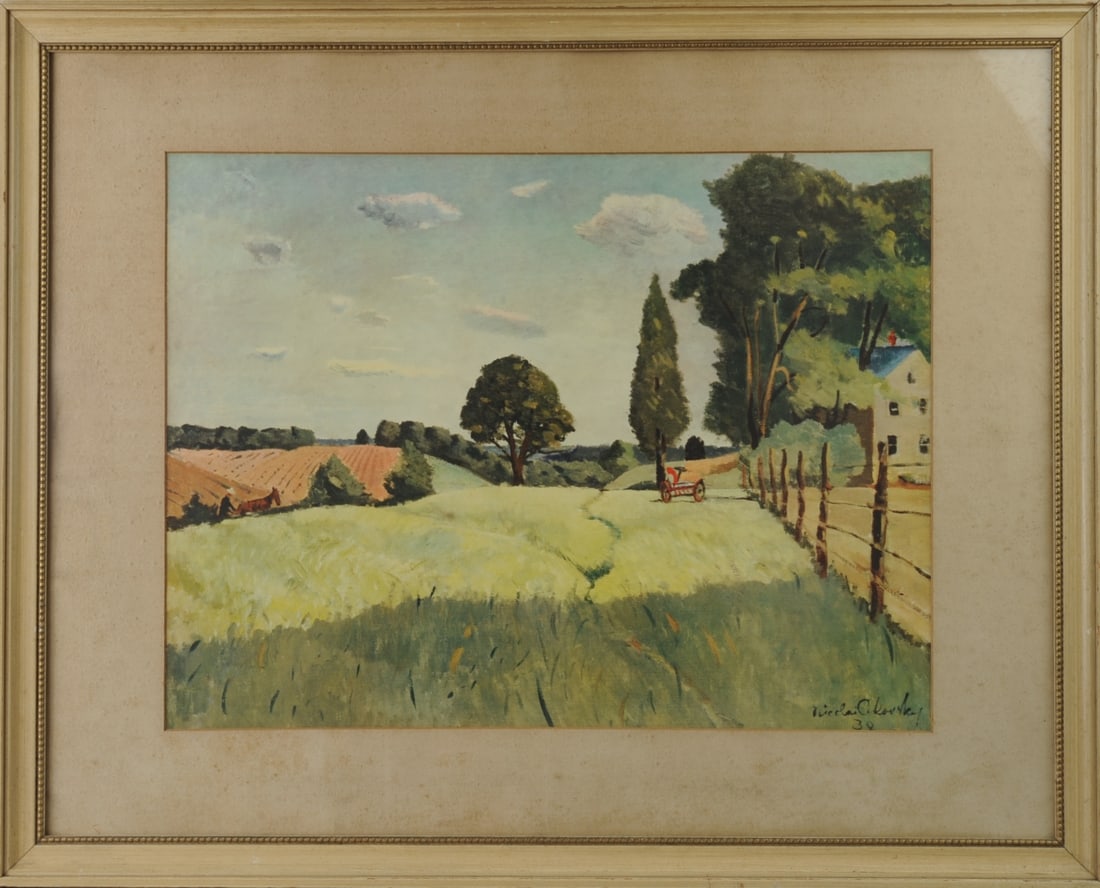 Nicolai Cikovsky (1894–1985) Gelatone Print: Gelatone reproduction of an original oil painting titled "Springtime in Virginia" by Nicolai Cikovsky, produced and distributed by Associated American Artists, certificate to verso, matted and framed.