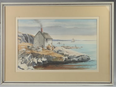 Watercolor on Paper, Winter Coastal Scene
