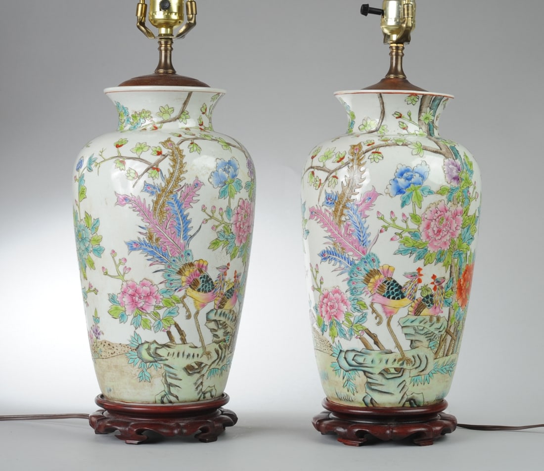 Pair of Chinese Vases as Lamps: Mid to late 20th century, no visible chips, cracks or repairs to vases, minor chips to wood bases. H: approx. 12" (vases only), approx. 28 1/2" from base to finial. Seamless shipping is available thro