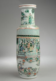 Tall Chinese Famile Verte Porcelain Rouleau Vase