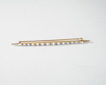 14K Gold Bar Brooch with Seed Pearls & Blue Stones