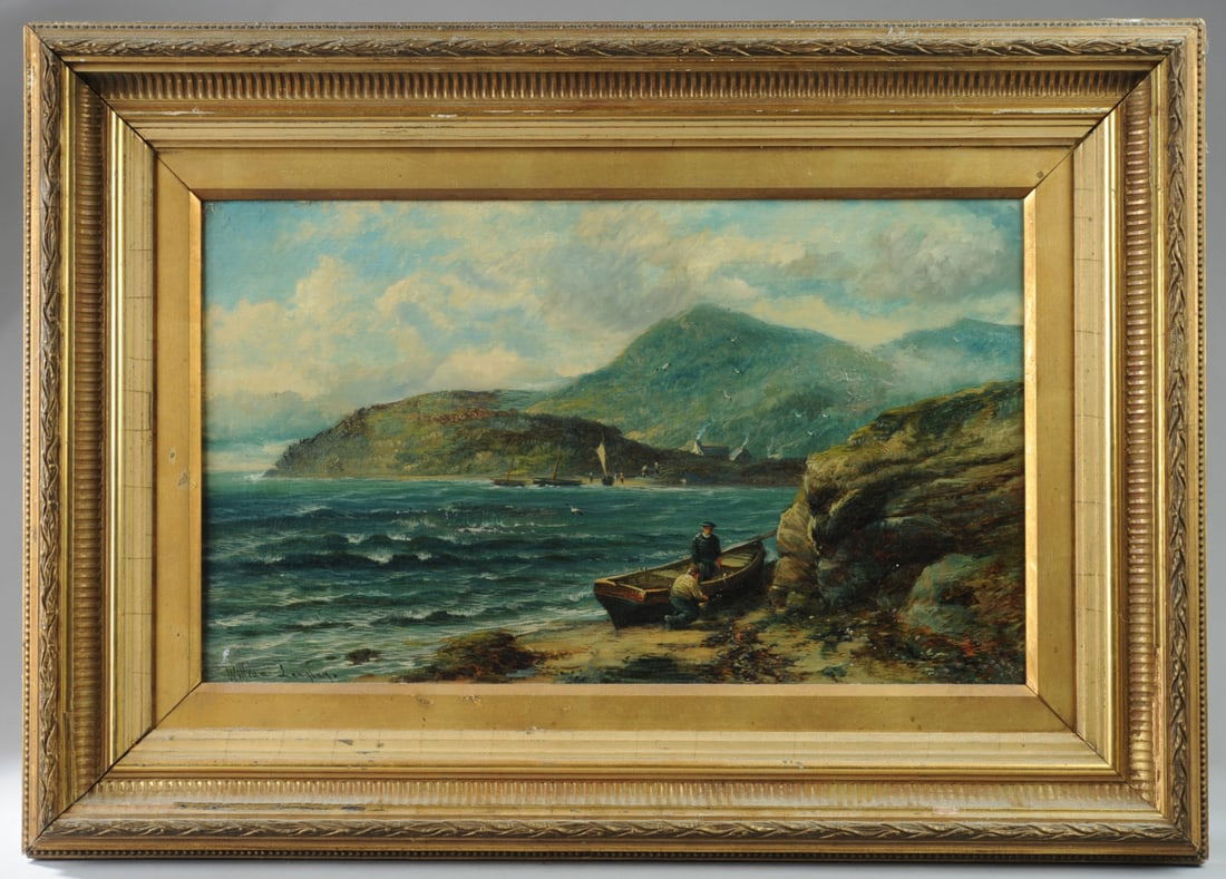 William Langley (1852 - 1922, United Kingdom): Oil on canvas painting showing a coastal scene with whitecaps on the water and a rowboat pulled up in a rocky cove with fishermen in caps. Signed lower left William Langley. (There is some dispute abo