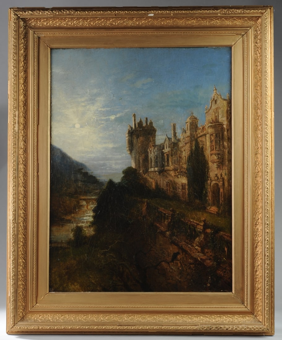 Oil Painting, Gothic Landscape: Oil on canvas, later laid to masonite. Probably a late 19th or early 20th C. painting, it shows a gothic manor beneath a full moon, a raven perched on a bare branch, lower right. No signature found. T