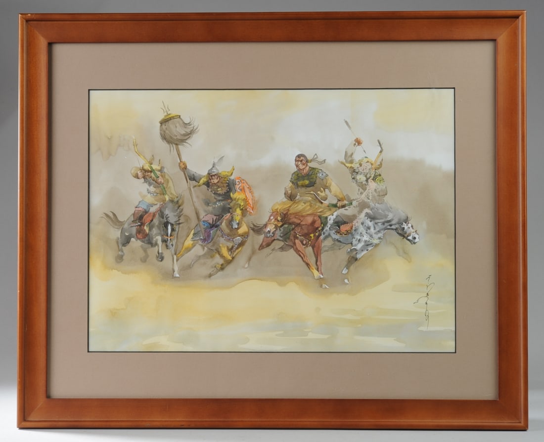 Watercolor Painting of Mongol Warriors: Contemporary watercolor on paper showing four Mongol warriors on horseback, charging towards the viewer with bows drawn. Illegibly signed, lower right. Possibly a Chinese artist. Frame, approx. 22 1.8