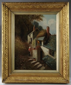 European Oil Painting of Village Steps