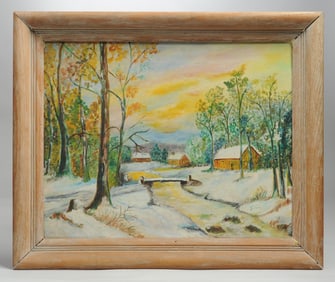 Vintage Folk Painting of Winter Scene