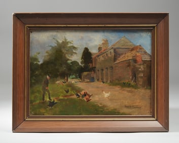 19th C. Oil Painting, Farm Yard w/ Chickens