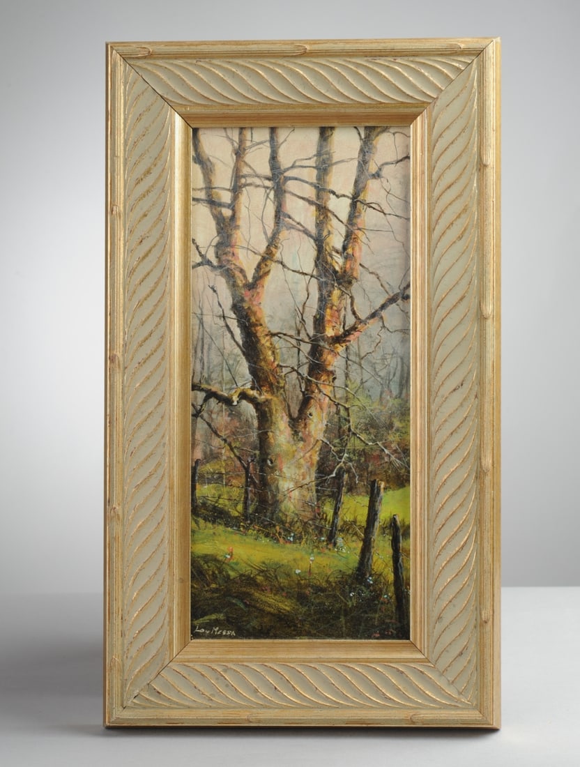Lou Messa (b 1945 Pennsylvania, Madison, Virginia): Small acrylic on board showing a large Sycamore (or similar) tree in a clearing near an old fence, likely a scene in Madison County, Virginia, where the artist has lived and painted for most of his ad