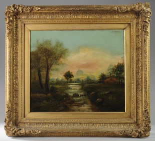 19th C. Oil Painting Landscape with River