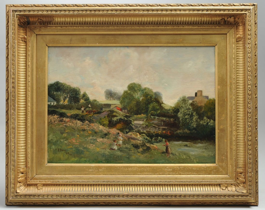 1908 Oil Painting, Rural Scene w/ Figures (1 of 8)