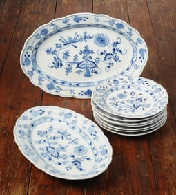Two Meissen Blue Onion Platters & Seven Plates