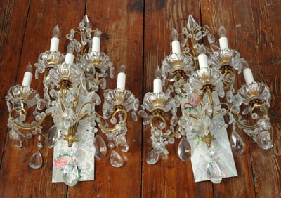 Pair Vintage Italian Gilt & Crystal Sconces