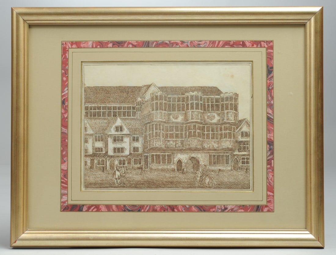 c.1840 Orig. Drawing of Thos. Cromwell's House: Original drawing in brown ink on wove paper by Amelia Gardner, c. 1840. An envelope on back of frame contains a photocopy of writing which accompanied the drawing, and perhaps is hidden on the back: "