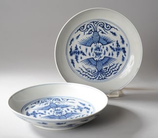 Pair Chinese Blue & White Phoenix Dishes
