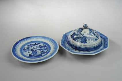 Chinese Canton Porcelain Covered Dish & Drainer+