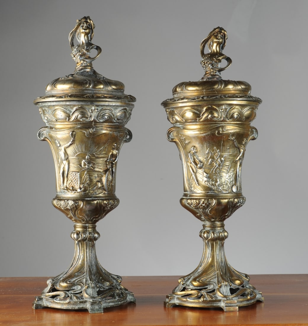 Pair of Art Nouveau Style Lidded Figural Trophies (1 of 15)