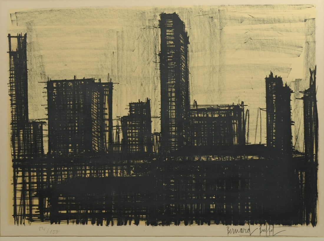 Bernard Buffet (1928 - 1999) Lithograph New York X: 1962 color lithograph by French artist Bernard Buffet, "New York 10" from the New York series. Signed in pencil lower right, numbered 84/150 lower left. Frame, approx. 33 3/4" x 26 1/4" sight, approx.