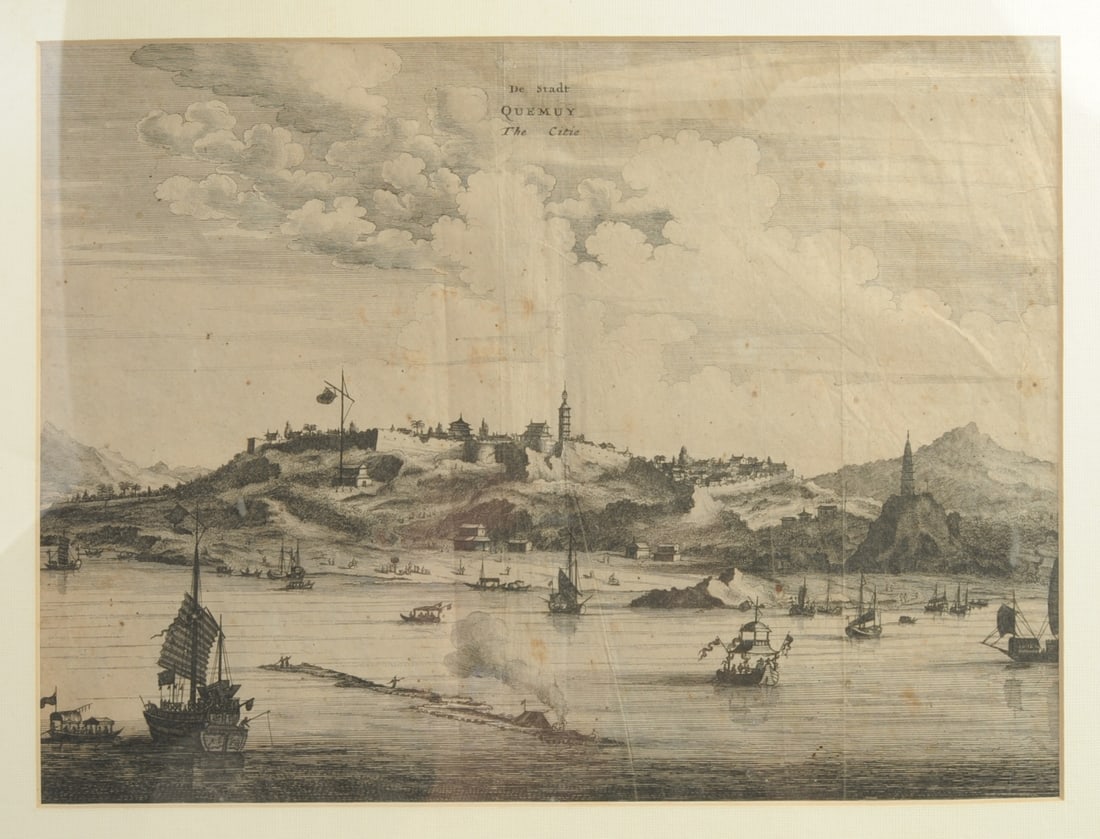 Antique Engraving, Joan Nieuhof, China: "De Stadt / Quemuy / The Citie", some folds, foxing / minor discoloration, matted and framed, not examined out of frame. Visible image: approx. 12 1/2" x 9 1/2". Frame: approx. 21 1/4" x 19 1/4". Seam