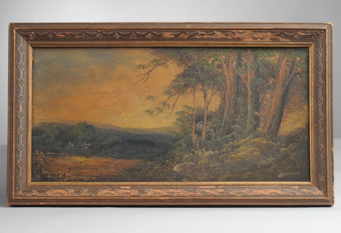 1902 Oil Painting Blue Hills, PA: Dated 1902 oil on cardboard landscape painting, titled to verso: Blue Hills, Pennsylvania. Artist's initials may preceded title; both are nearly illegible. Frame, approx. 13 1/2" x 7 1/2". Sight, appr