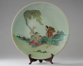 Chinese Celadon and Enamel Plate