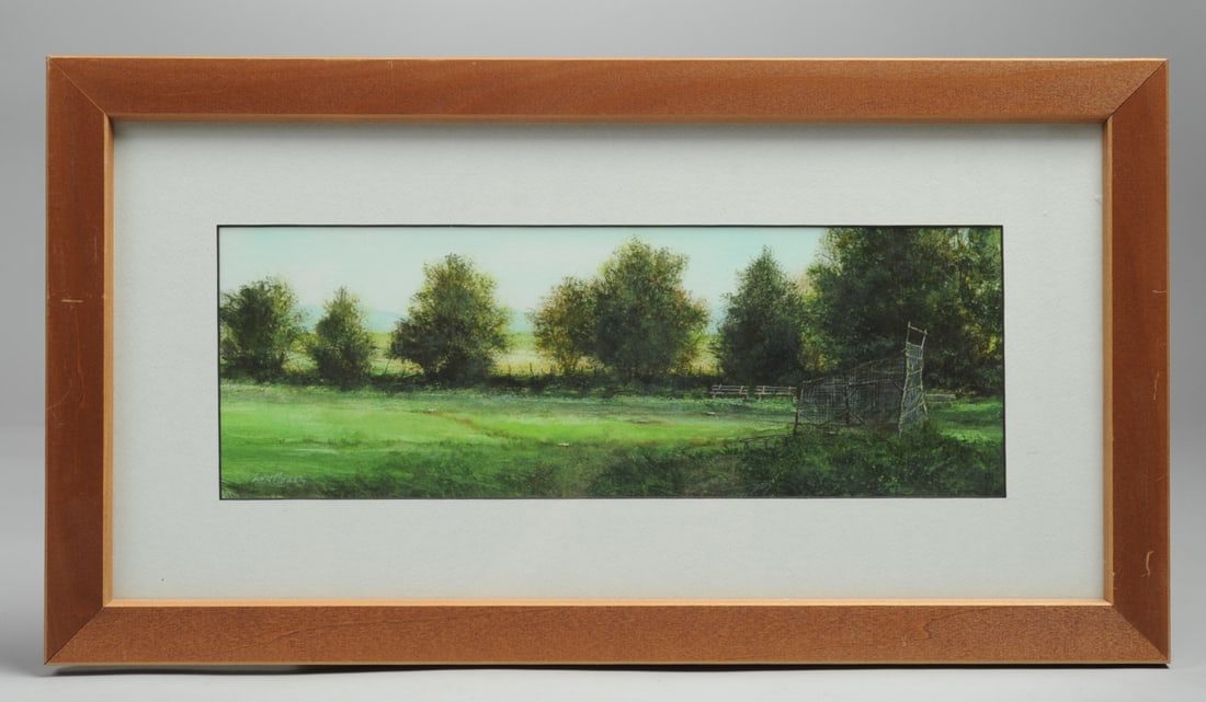 Lou Messa (b 1945 Pennsylvania, Madison, Virginia): Watercolor and gouache painting showing a landscape with what looks like an abandoned baseball diamond with homemade backstop and benches, likely a scene in or near Madison County, Virginia, where the
