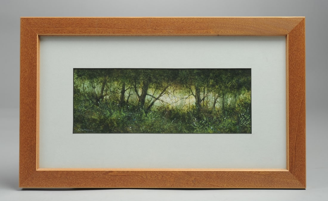 Lou Messa (b 1945 Pennsylvania, Madison, Virginia): Watercolor and gouache painting of light glowing through tangled brush and trees, likely a scene in or near Madison County, Virginia, where the artist has lived and painted for most of his adult life.