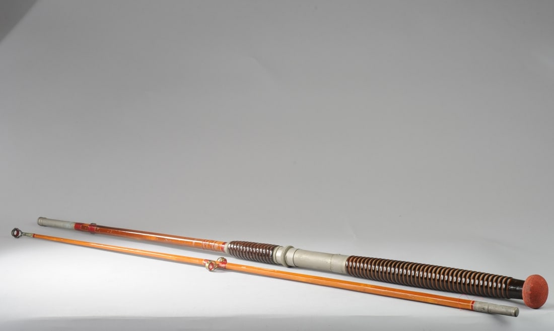 c 1940s Macy's Saltwater Fishing Rod: Macy's saltwater fishing rod and linen bag, bag and rod marked for Macy's, rod's rubber end with faded Montague mark. Circa 1940s, some wear / in as-found condition. L in bag: approx. 37 3/4". Seamles