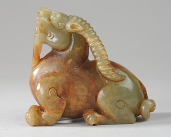 Chinese Green & Russet Jade Carving of Pixu