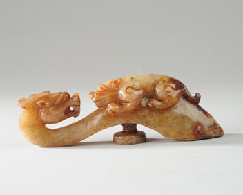 Chinese Carved Celadon & Russett Jade Dragon