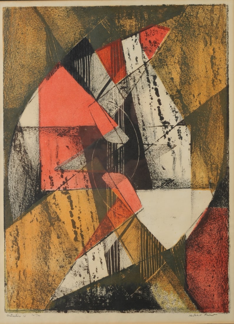 Hartwell Priest (1901 - 2004) Modernist Engraving: "Abstraction 12", pencil signed lower right, titled and numbered 7/30 lower left, matted and framed, partial exhibition label to verso. Hartwell Priest was a Charlottesville, Virginia artist. Visible