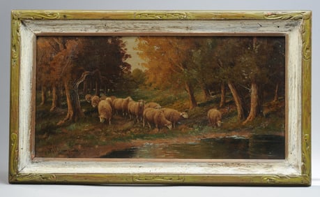 19th C. Landscape with Sheep, Illegibly Signed