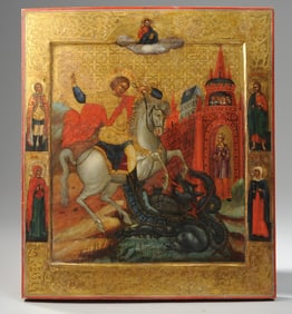 Antique Russian Icon, St. George & Dragon