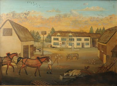 19th C. Folk Art Painting, Farm Scene