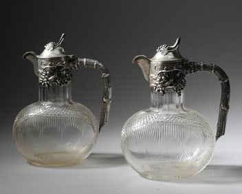 Pair 800 Silver & Glass Wine Pitchers, Posen